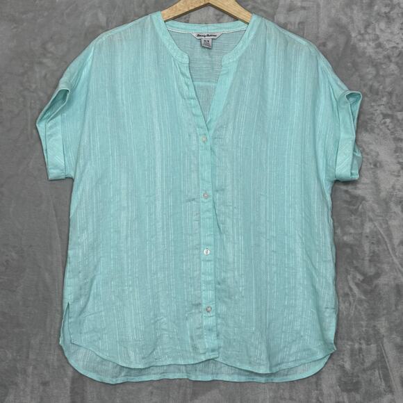 Tommy Bahama Shirt Womens Medium Aqua Linen Blend Short Sleeve Button Front - Picture 1 of 10